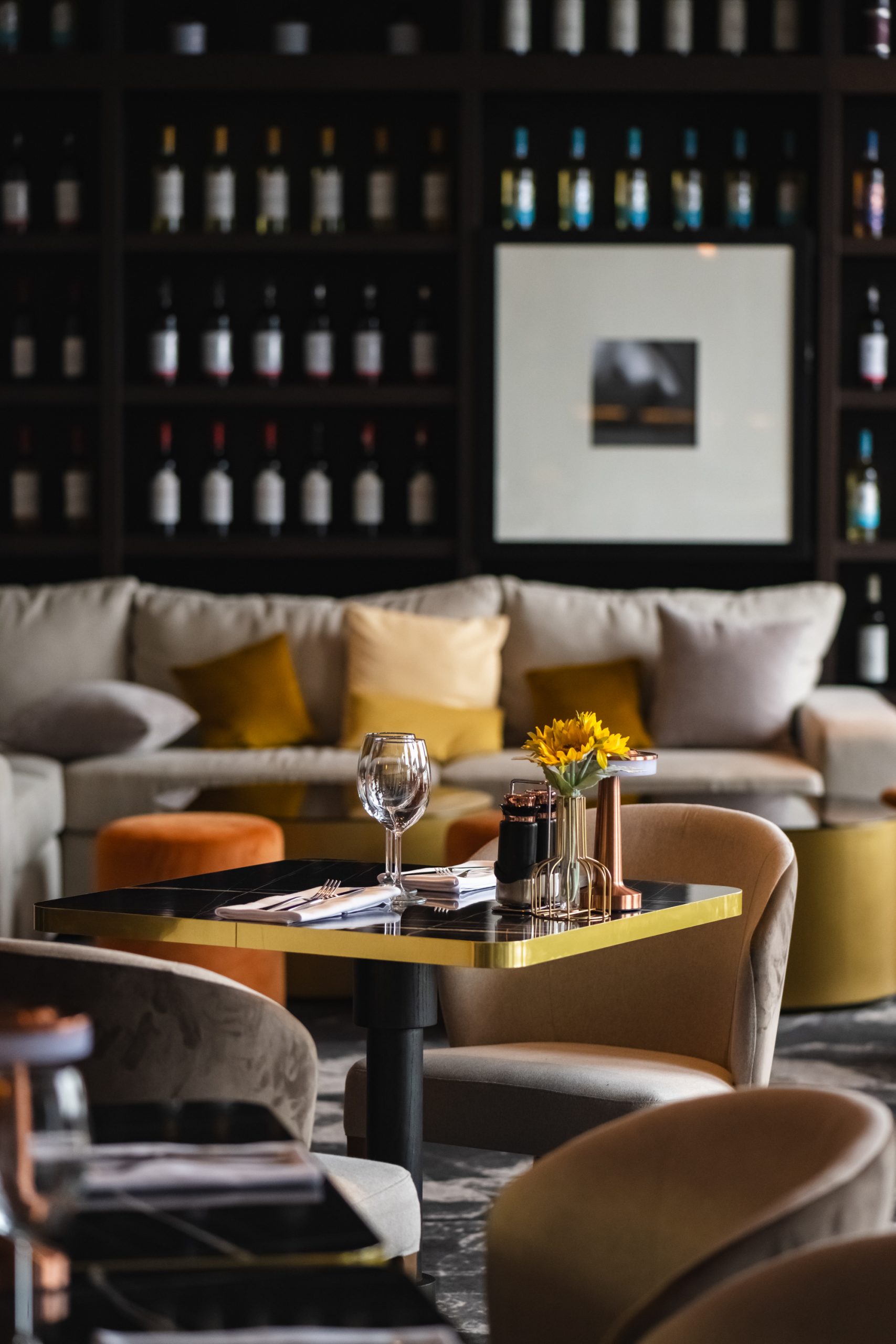 Wine wall and lounge seating